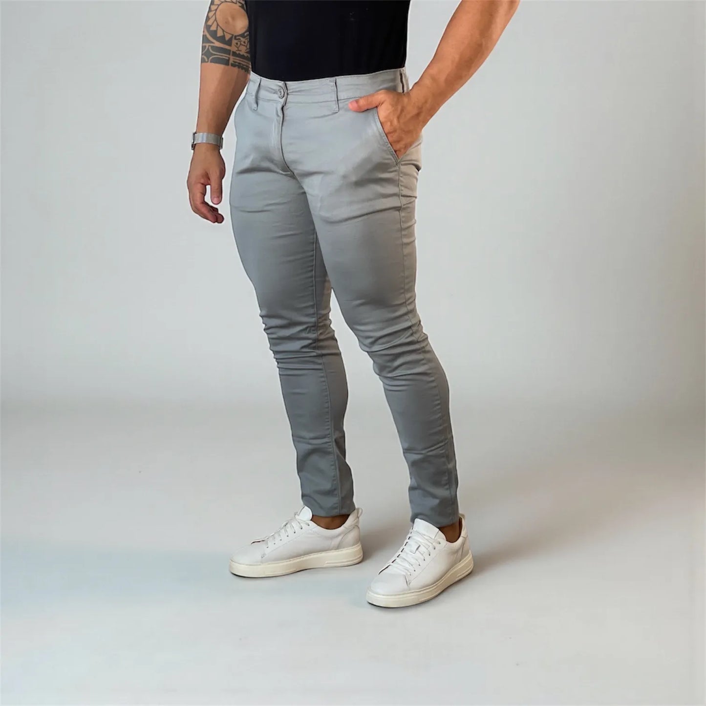 Calça Chino Masculina Milano Slim Cinza Brisk - D’Grife