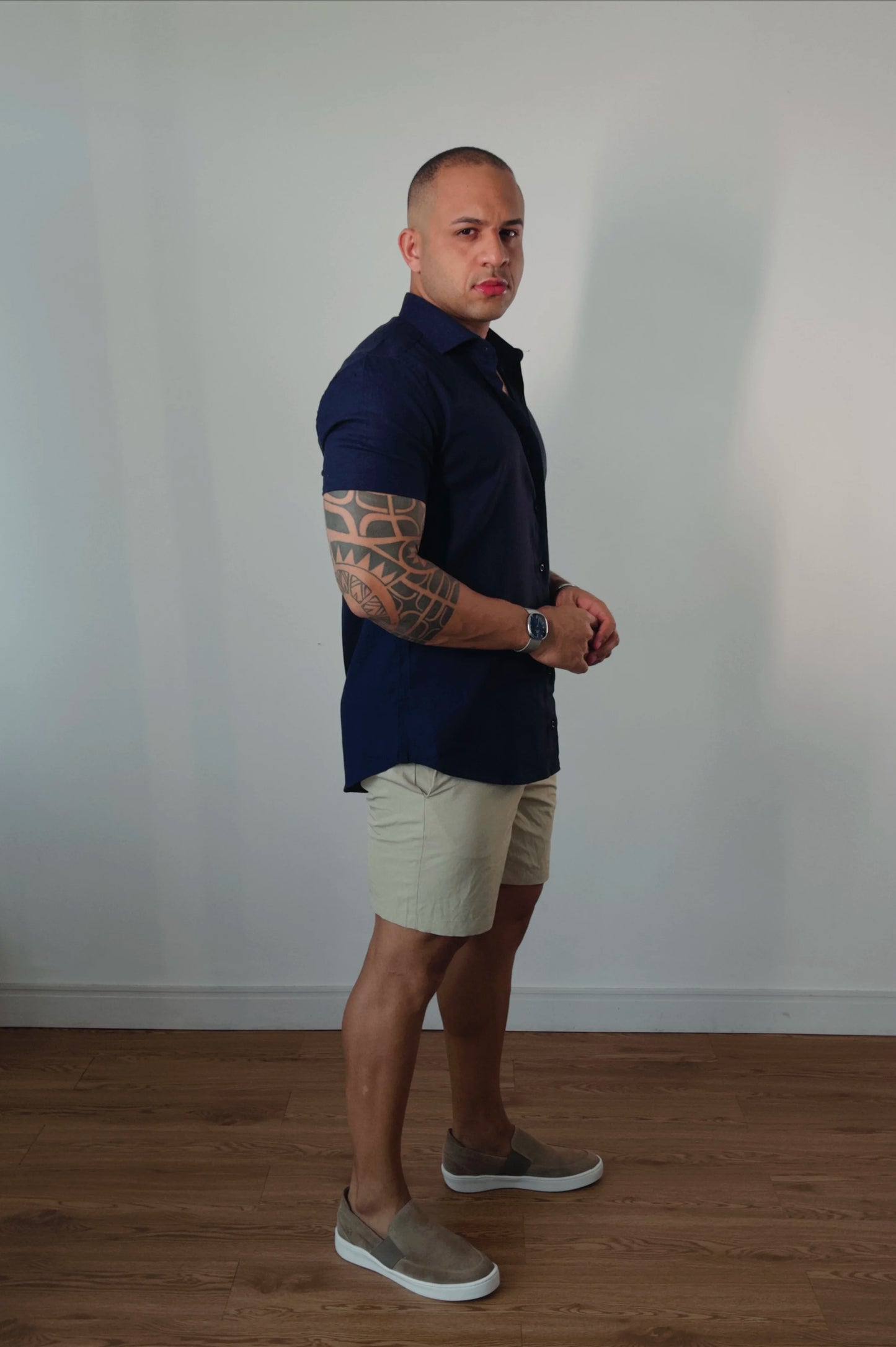 Camisa Manga Curta de Linho Essenza Riviera Azul Marinho Slim Fit