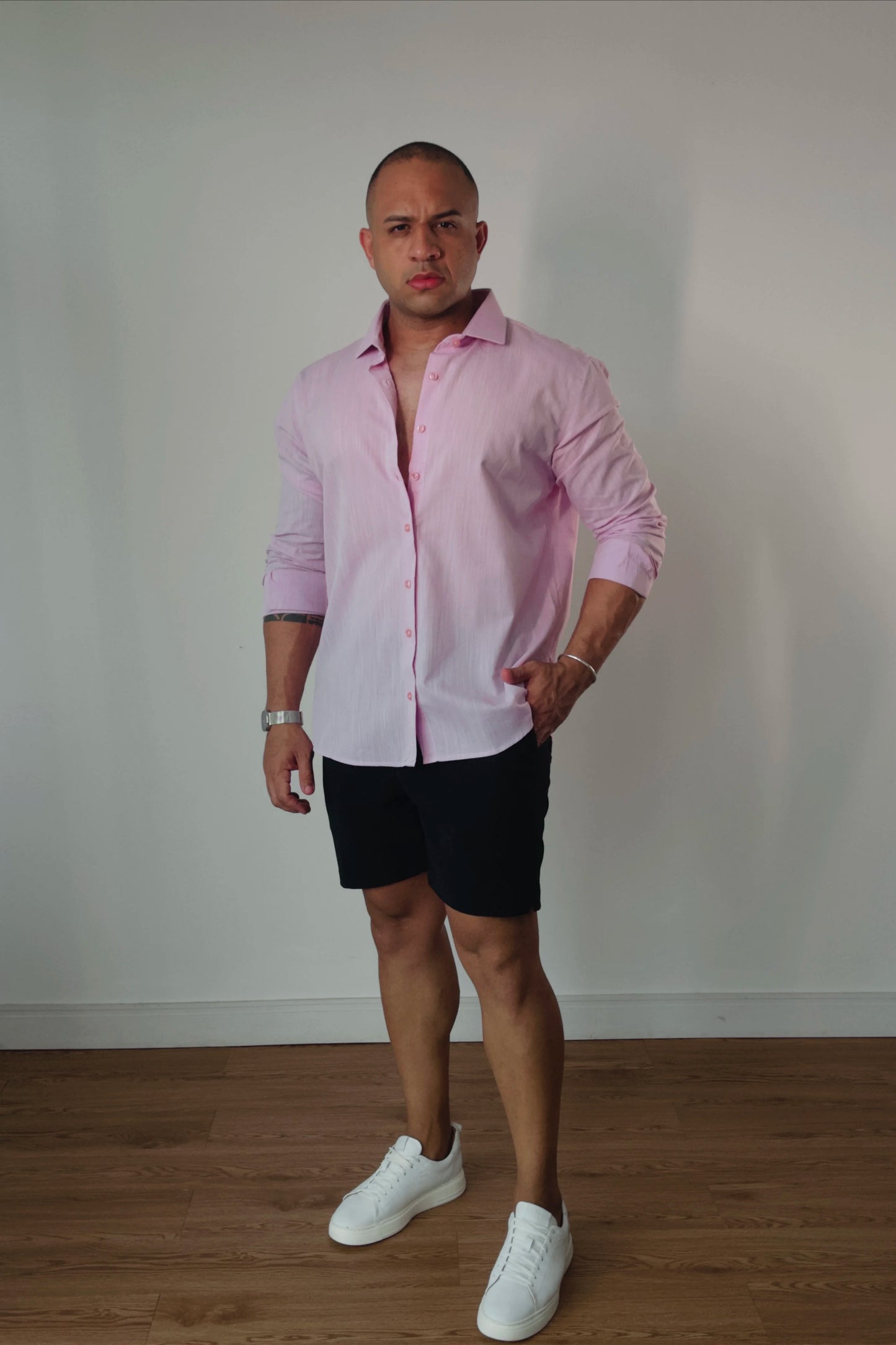 Camisa de Linho Manga Longa Essenza Santorini Rosa Bebê Slim Fit
