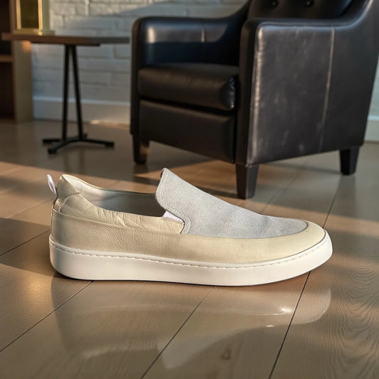 Sapato Iate Masculino Milano Avorio Couro & Camurça Argentina Off-White