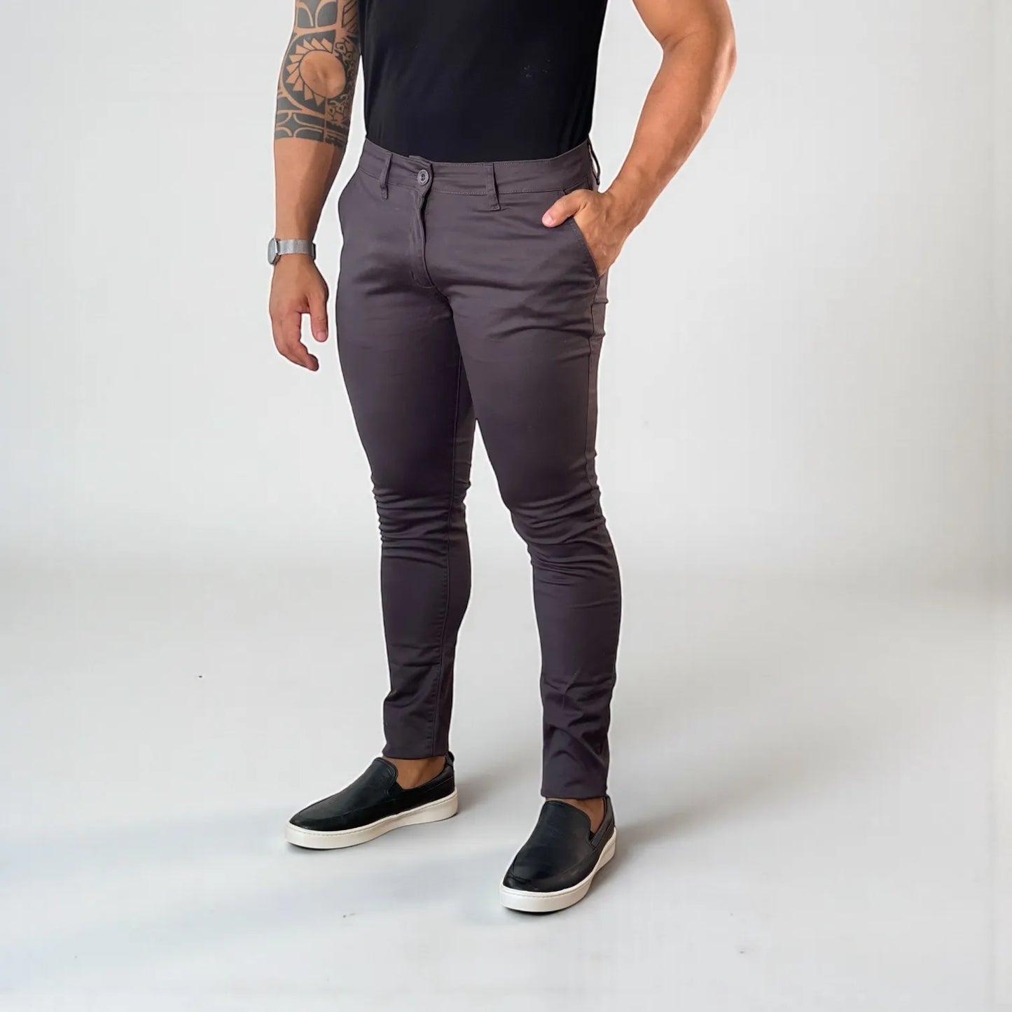 Calça Chino Masculina Milano Slim Cinza Chumbo  - D’Grife
