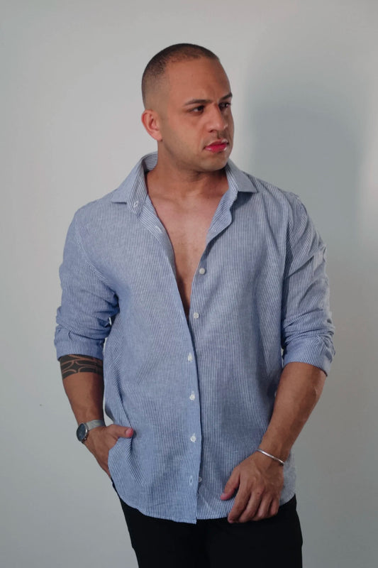 Camisa de Linho Manga Longa Essenza Santorini Listrada Slim Fit