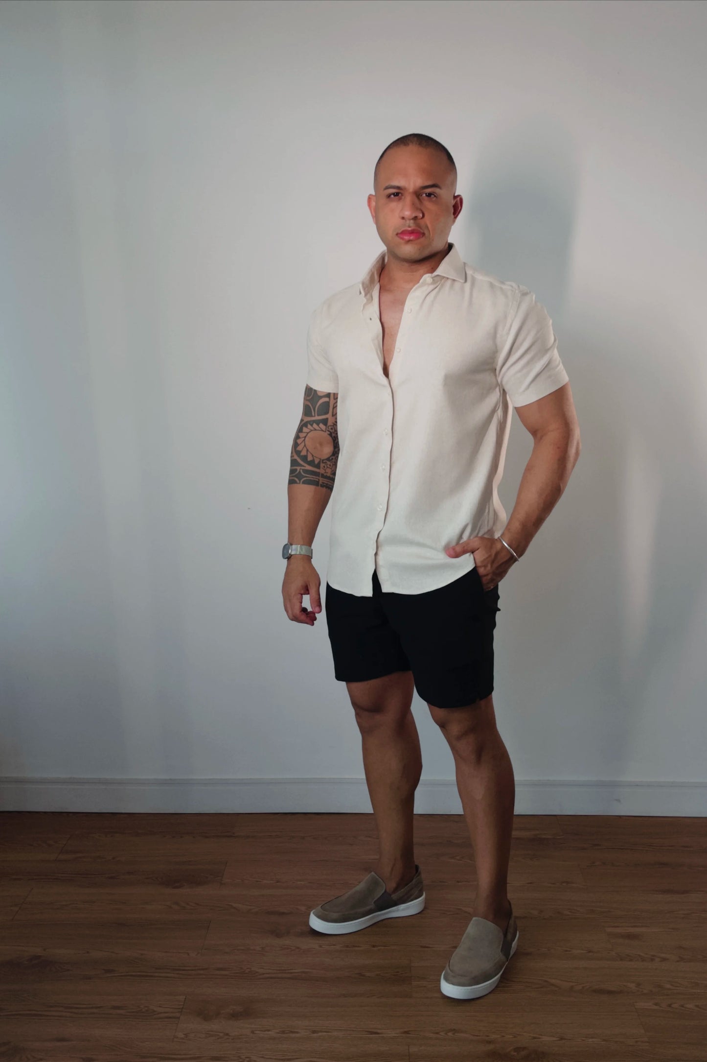 Camisa Manga Curta de Linho Essenza Riviera Bege Natural Slim Fit