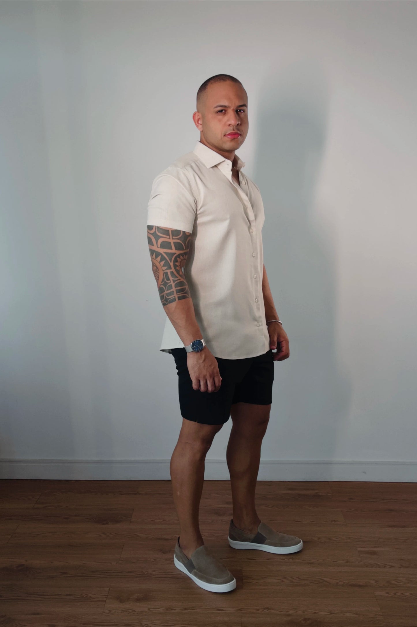 Camisa Manga Curta de Linho Essenza Riviera Bege Natural Slim Fit