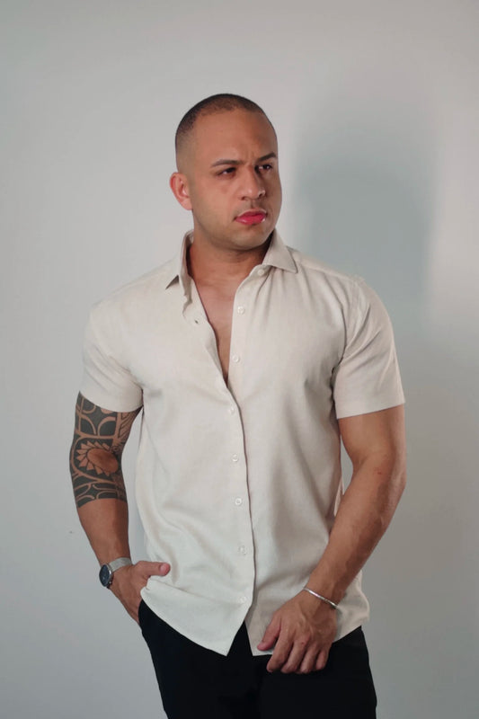 Camisa Manga Curta de Linho Essenza Riviera Bege Natural Slim Fit