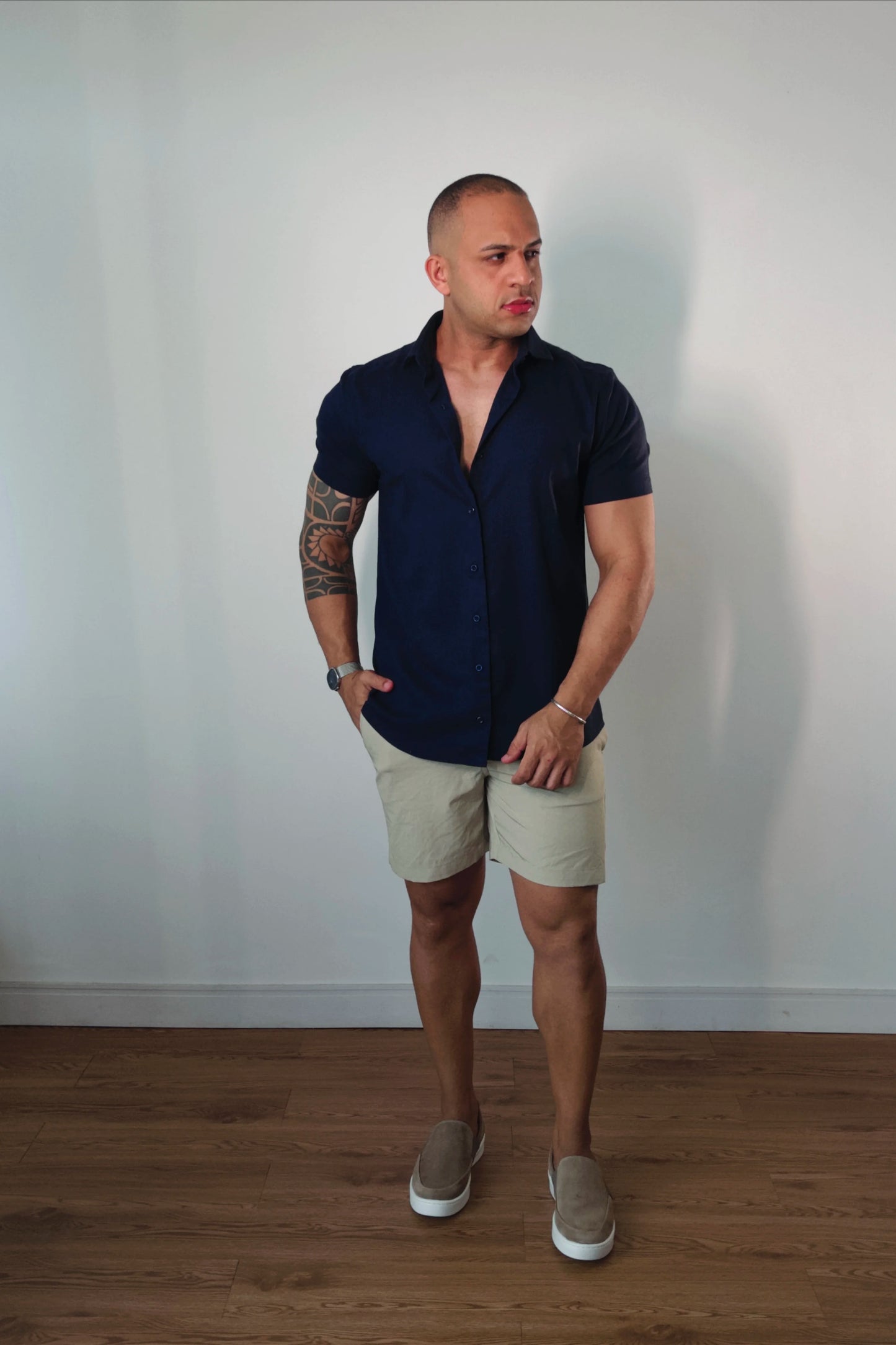 Camisa Manga Curta de Linho Essenza Riviera Azul Marinho Slim Fit