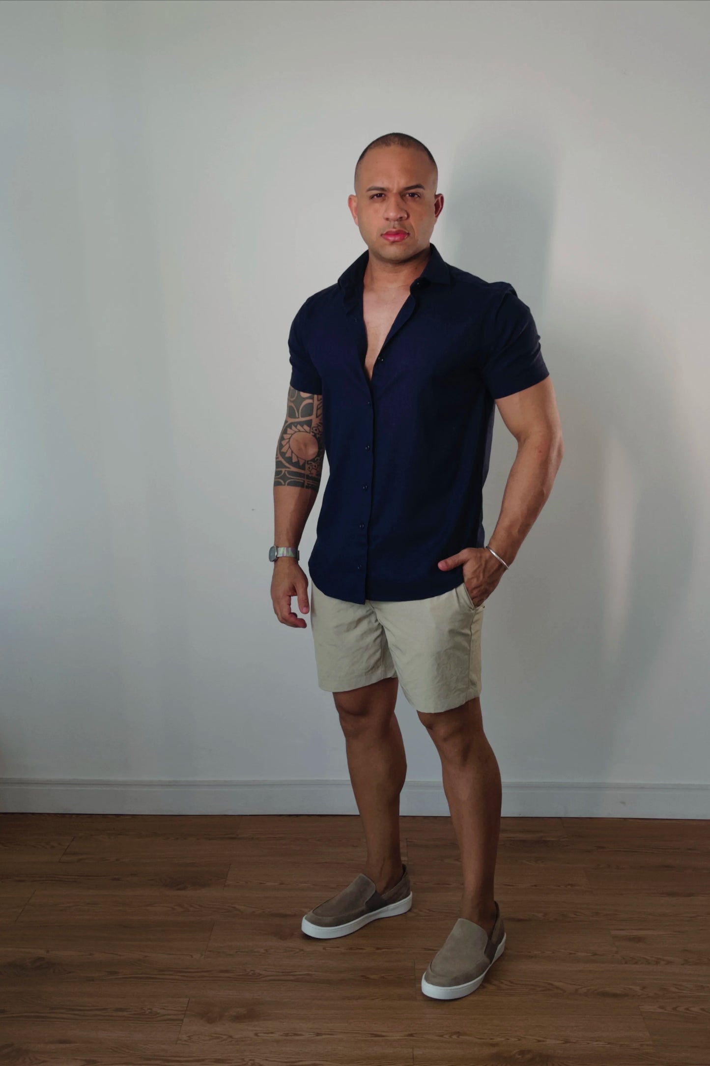 Camisa Manga Curta de Linho Essenza Riviera Azul Marinho Slim Fit