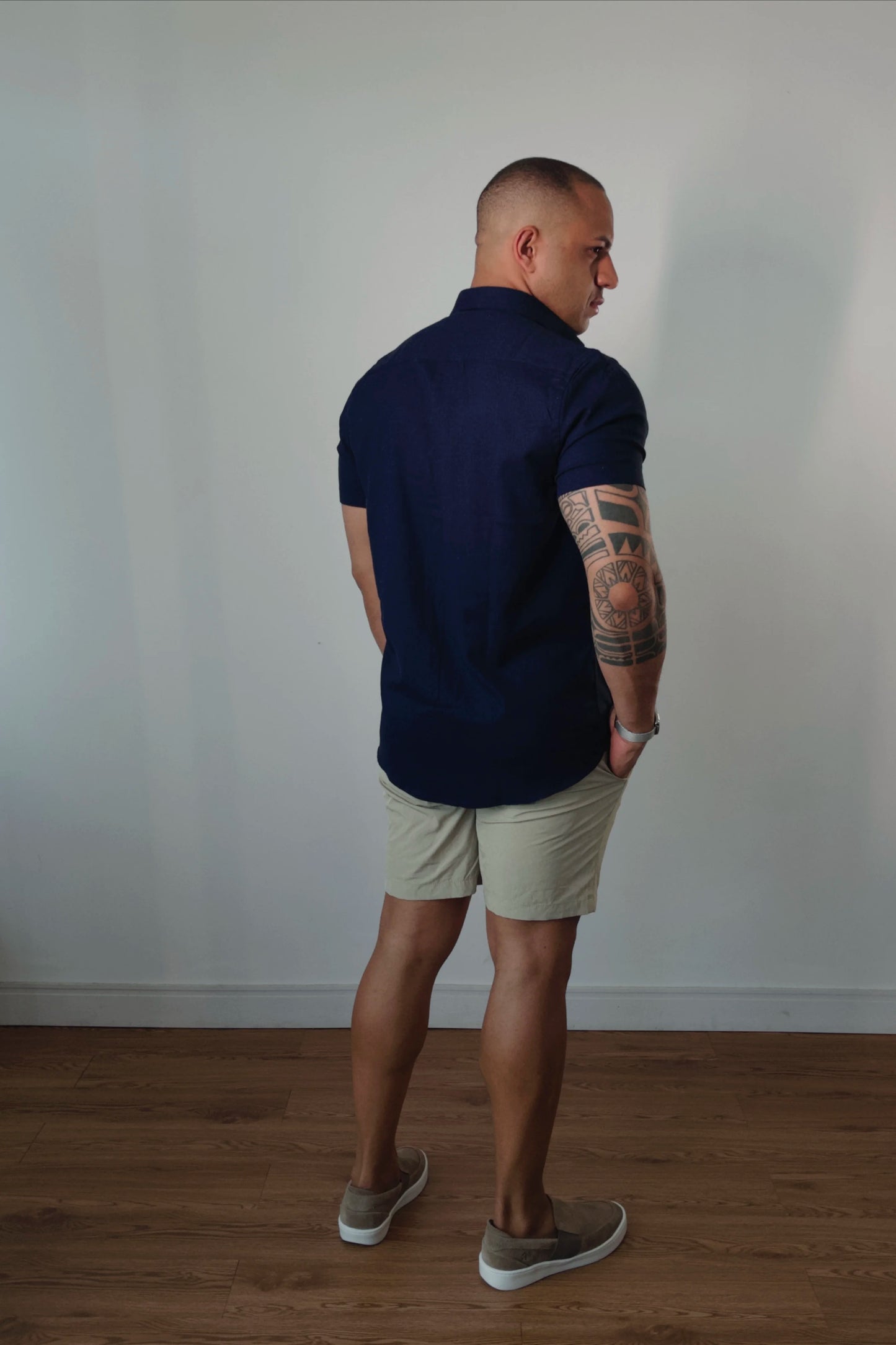 Camisa Manga Curta de Linho Essenza Riviera Azul Marinho Slim Fit