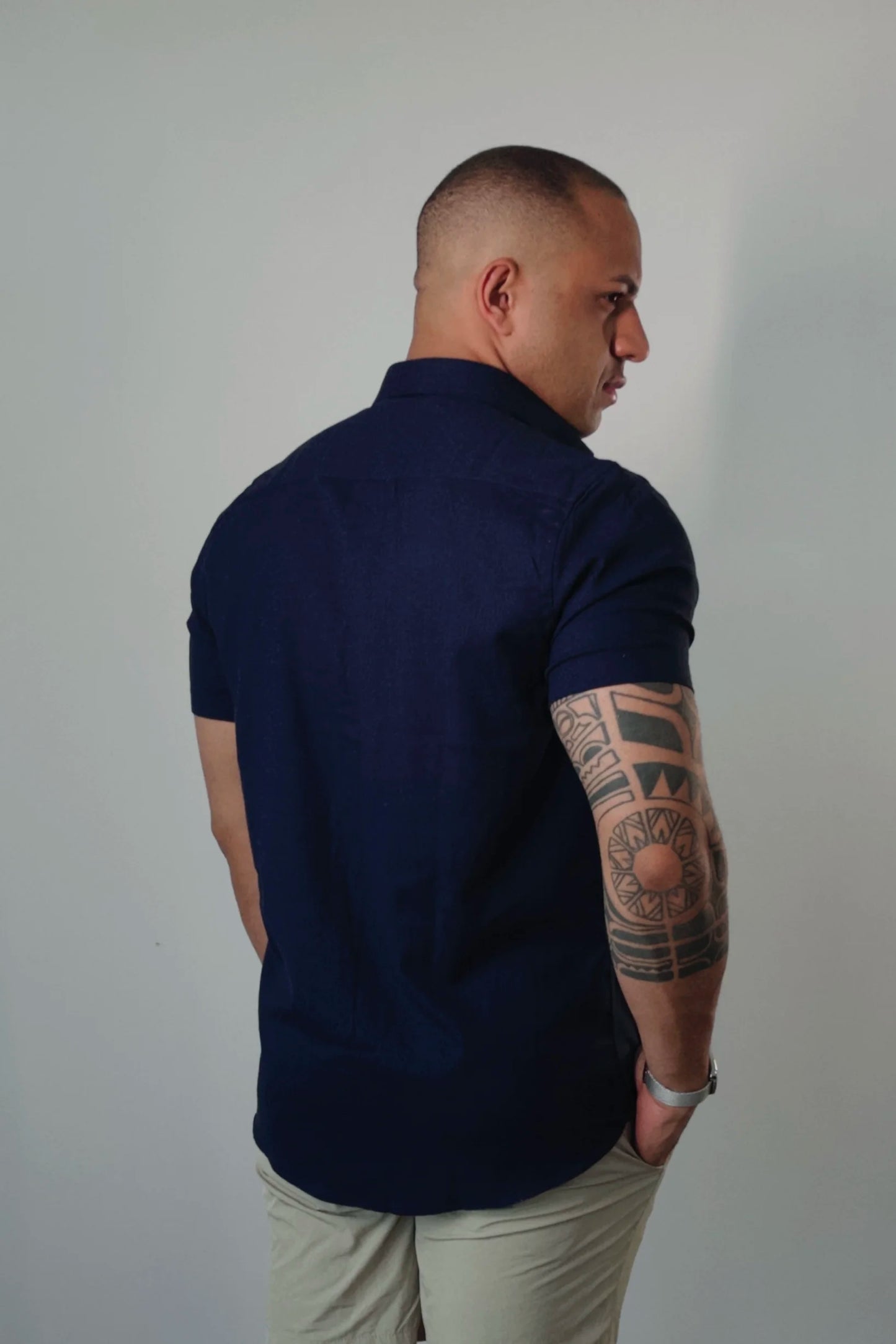 Camisa Manga Curta de Linho Essenza Riviera Azul Marinho Slim Fit