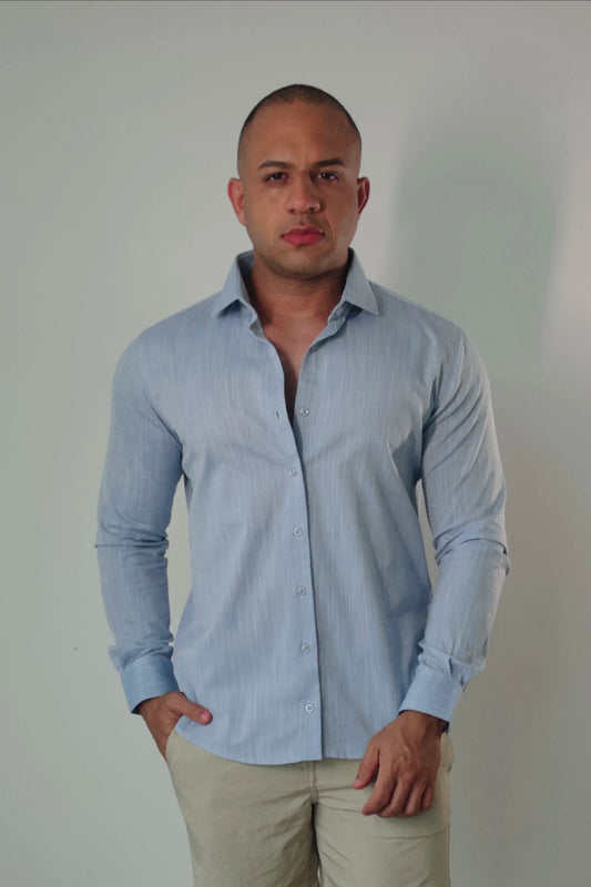 Camisa de Linho Manga Longa Essenza Santorini Azul Bebê Slim Fit