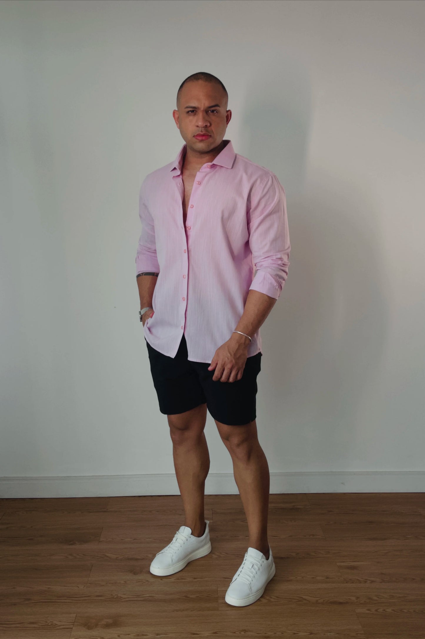 Camisa de Linho Manga Longa Essenza Santorini Rosa Bebê Slim Fit