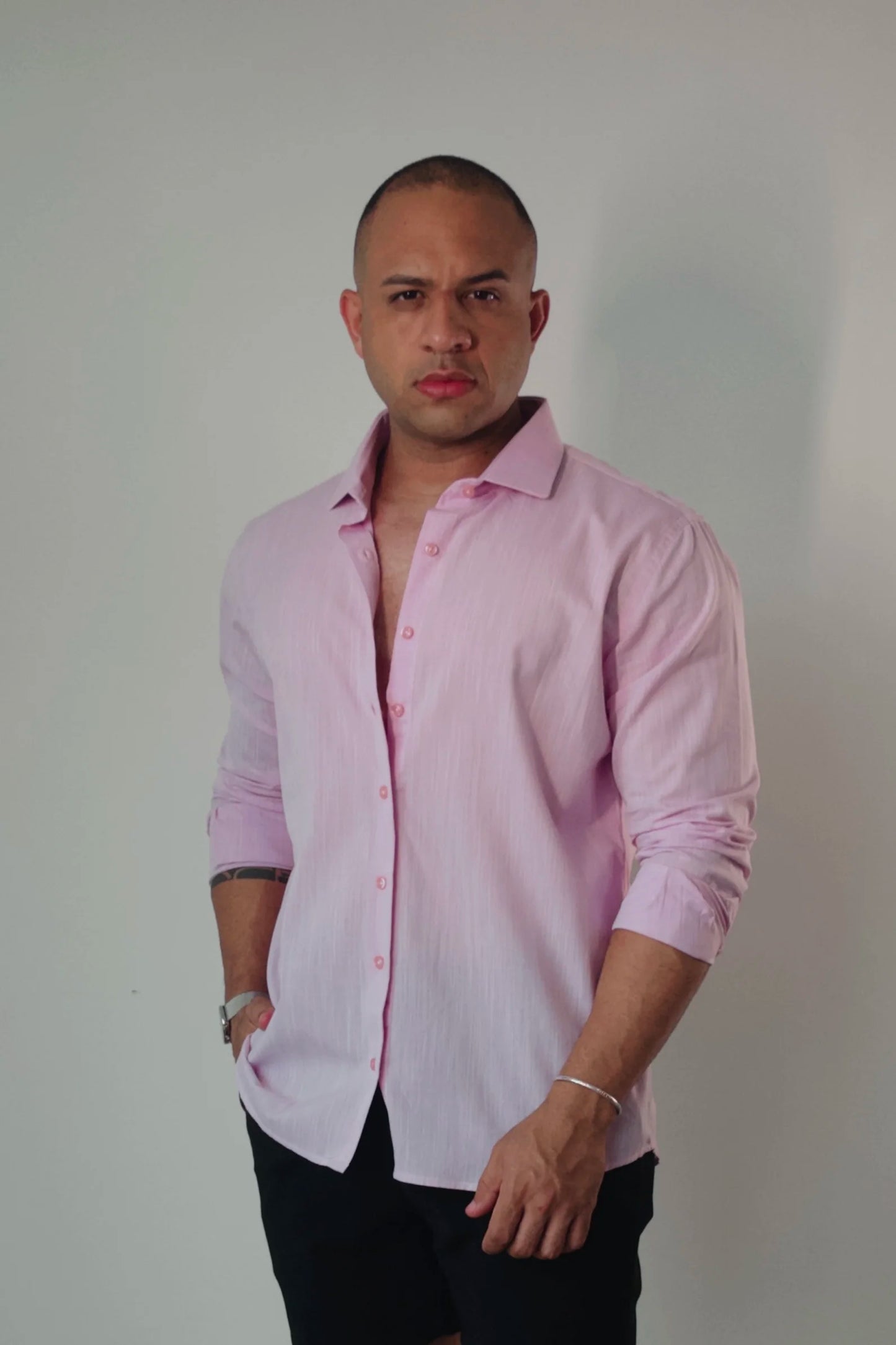 Camisa de Linho Manga Longa Essenza Santorini Rosa Bebê Slim Fit