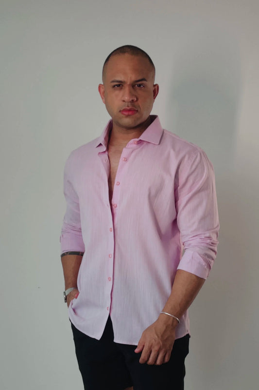 Camisa de Linho Manga Longa Essenza Santorini Rosa Bebê Slim Fit