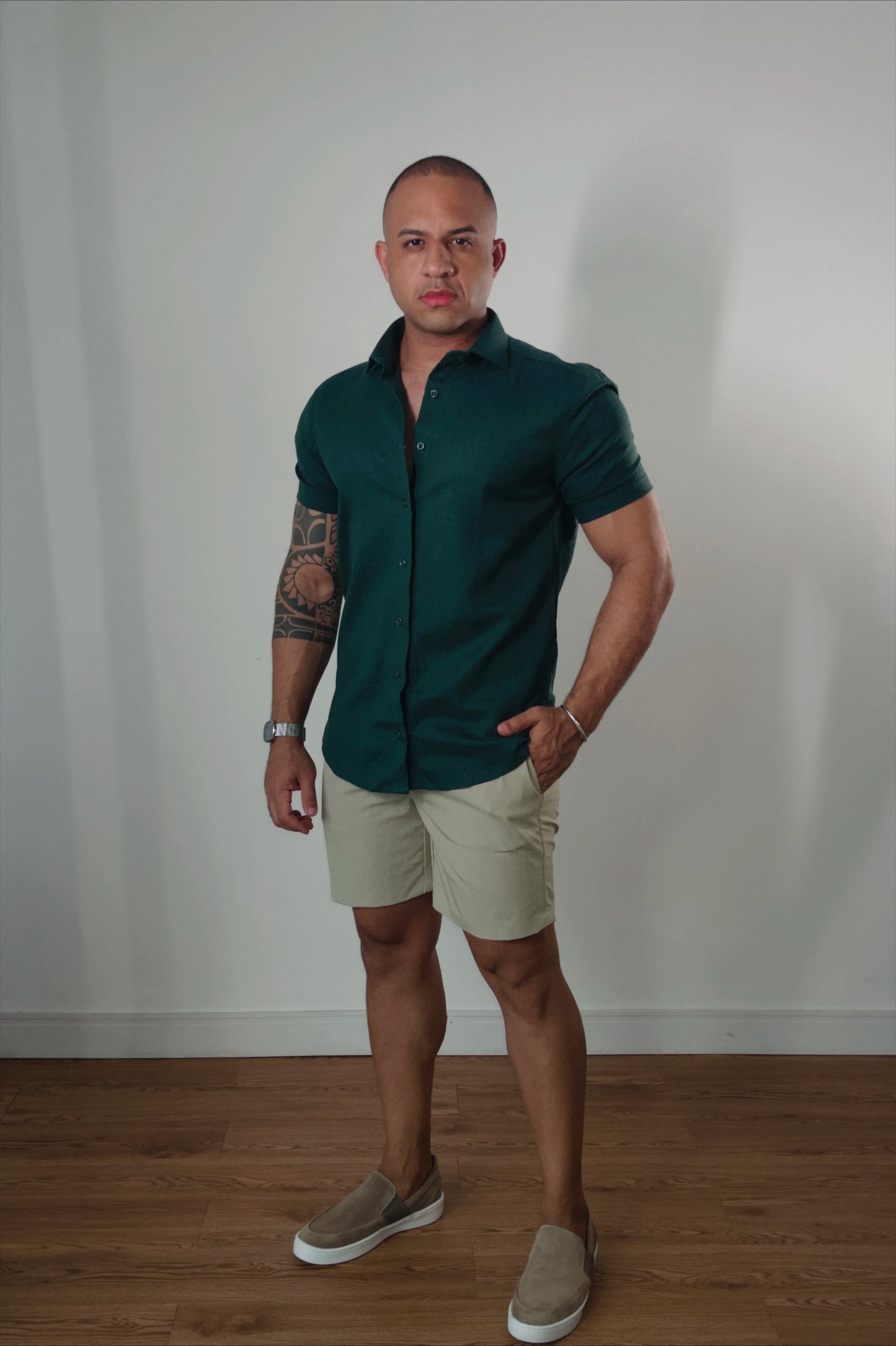 Camisa Manga Curta de Linho Essenza Riviera  Verde Floresta Slim Fit