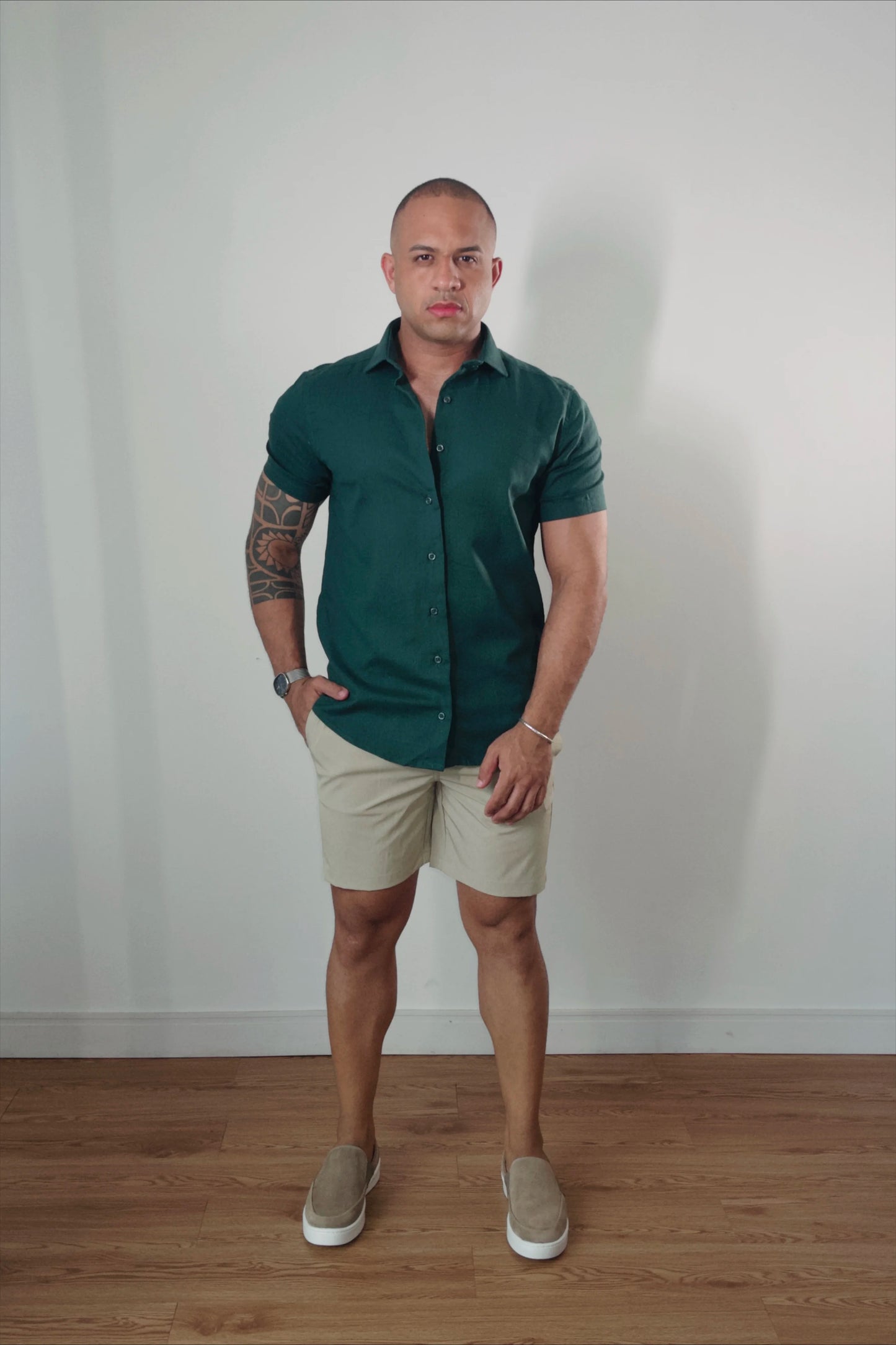 Camisa Manga Curta de Linho Essenza Riviera  Verde Floresta Slim Fit