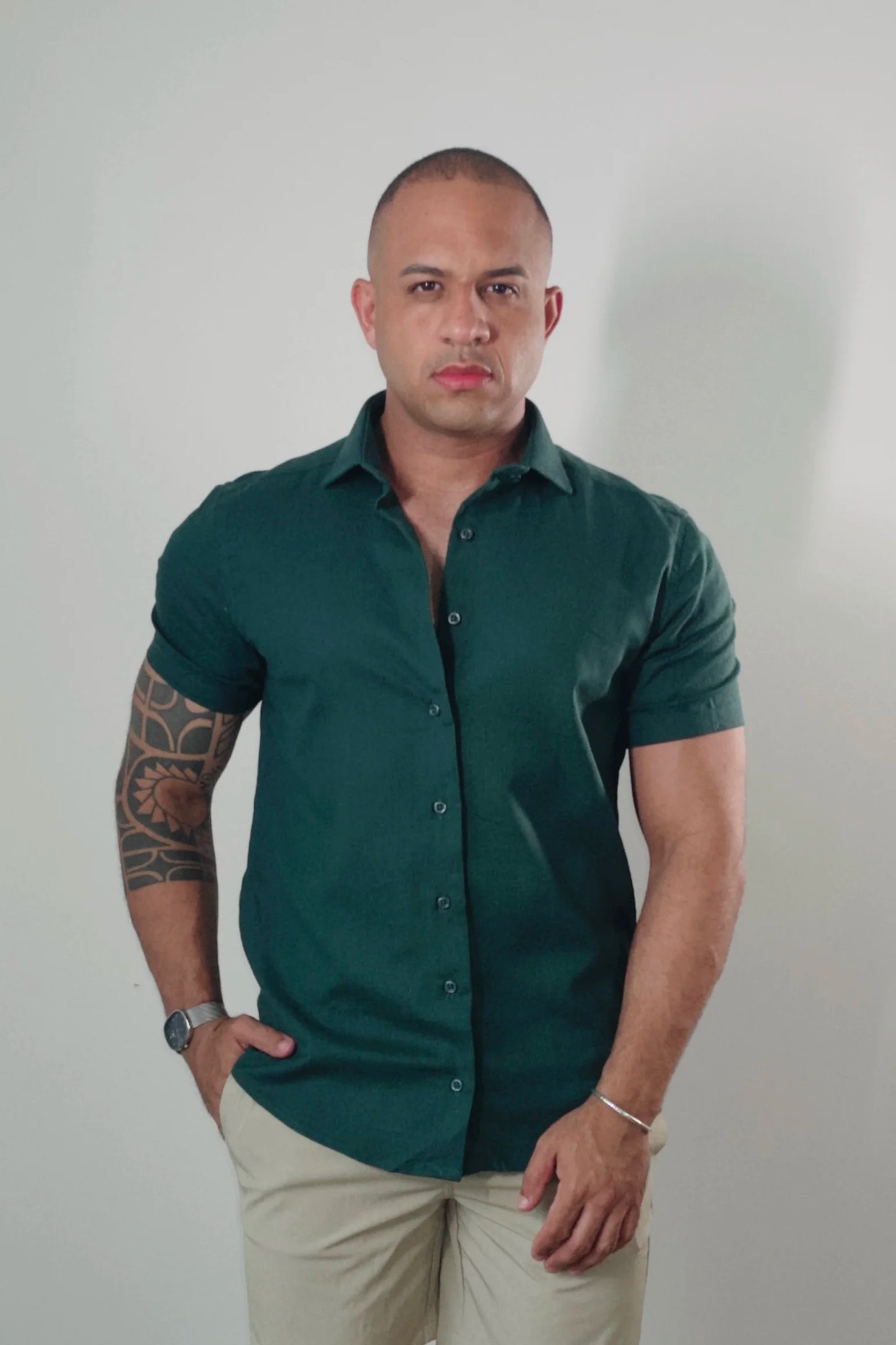 Camisa Manga Curta de Linho Essenza Riviera  Verde Floresta Slim Fit