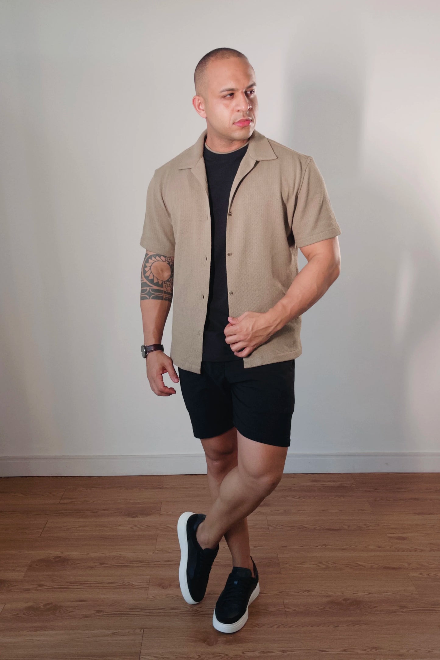 Camisa Oversized Masculina Tricot Gola Cubana Khaki D’Grife