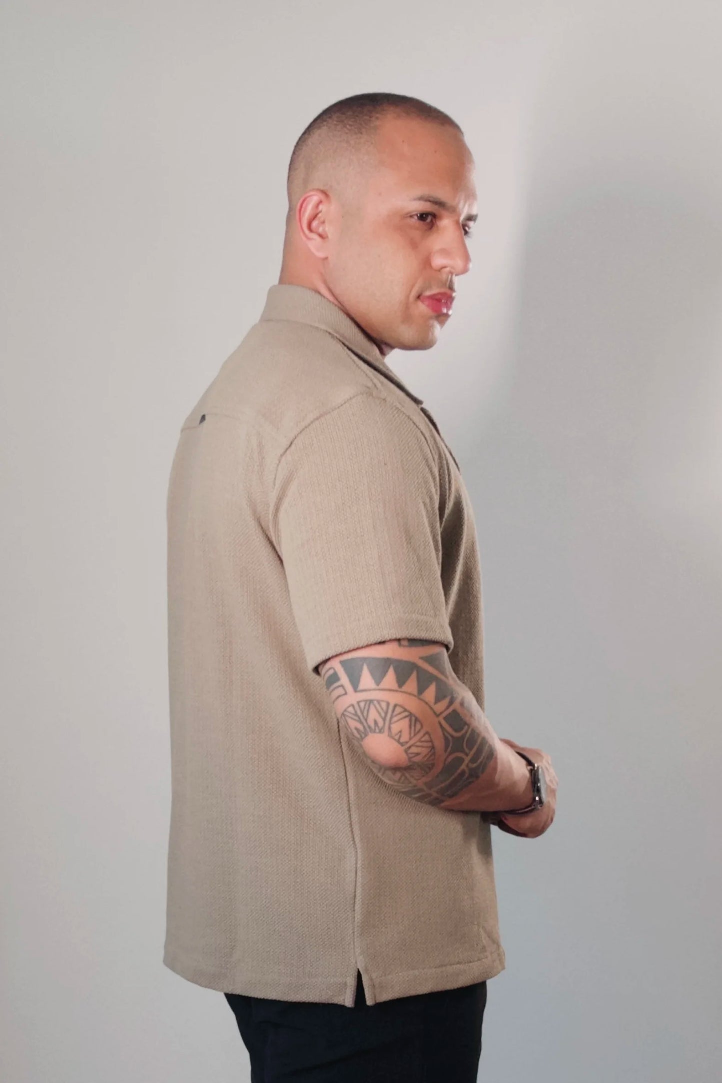 Camisa Oversized Masculina Tricot Gola Cubana Khaki D’Grife