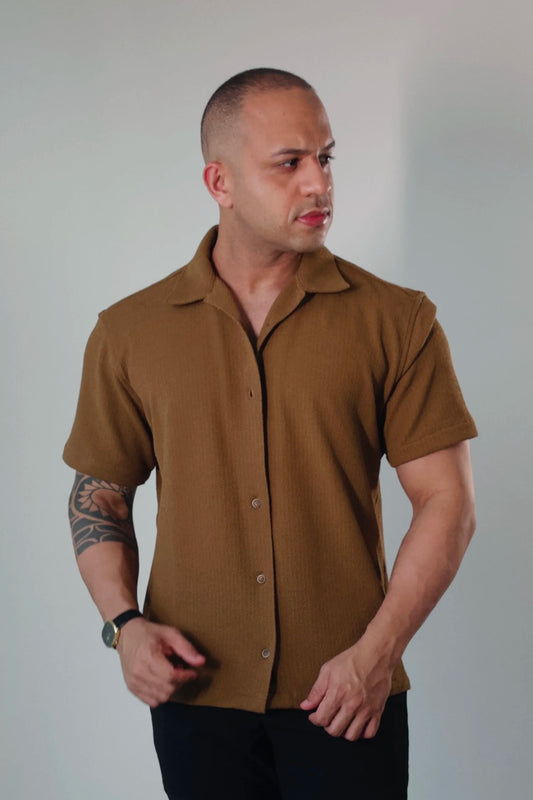 Camisa Oversized Masculina Tricot Gola Cubana Ocre D’Grife
