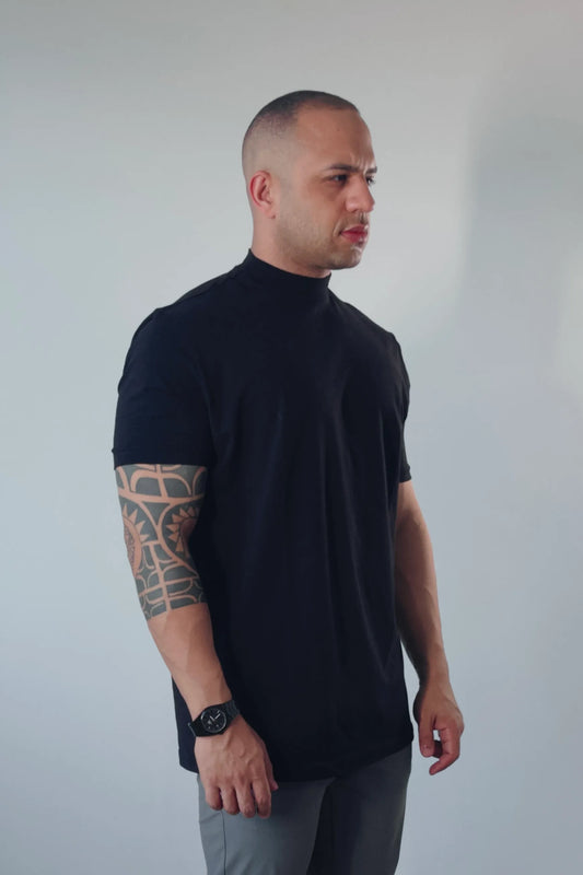 Camiseta Gola Alta Masculina Premium Egipcio Flex Preta
